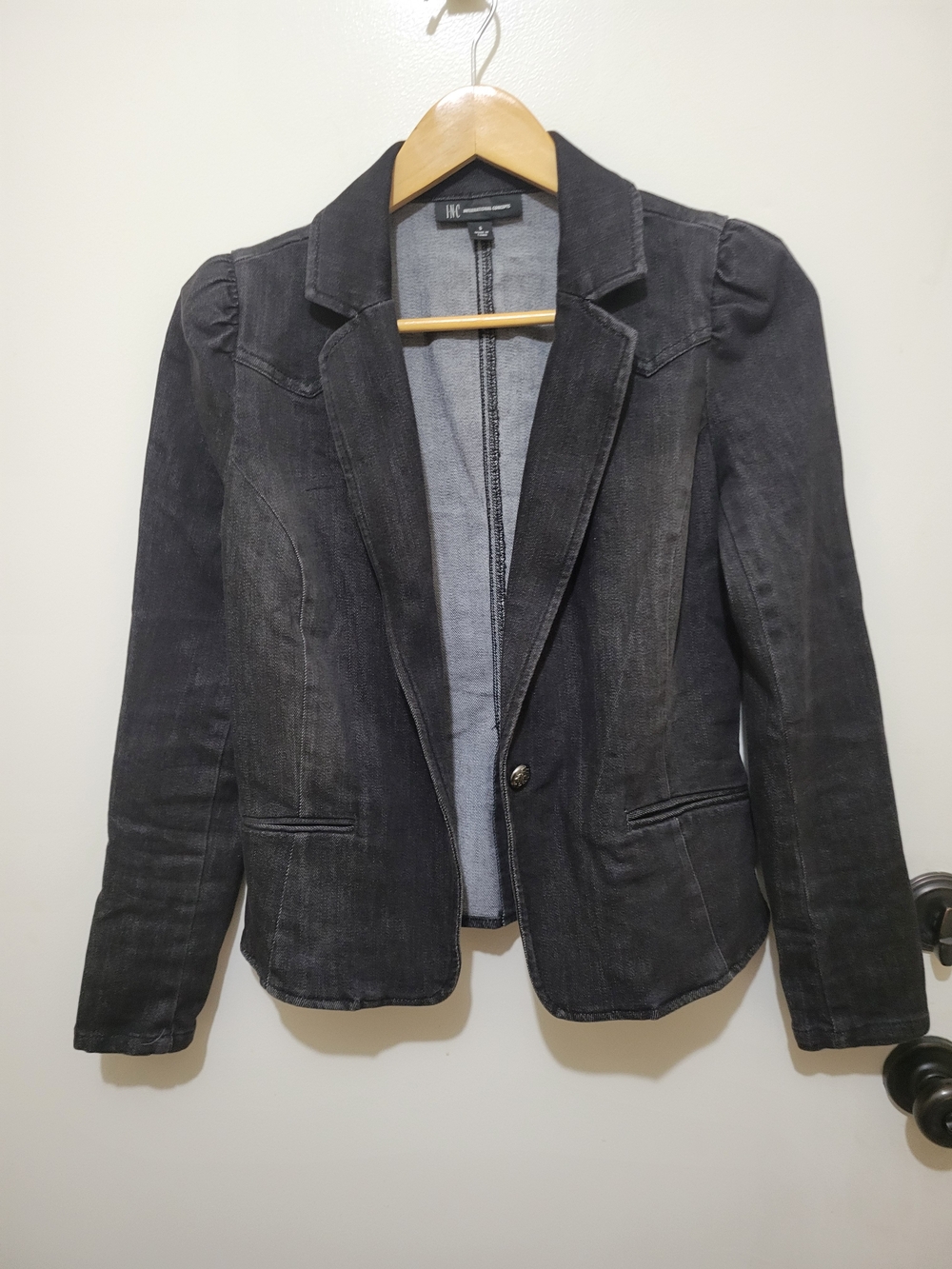 INC International Concepts Womens Black Denim Single Breasted Blazer Jacket - S